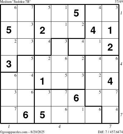 The grouppuzzles.com Medium Sudoku-7B puzzle for Wednesday August 20, 2025 with all 7 steps marked