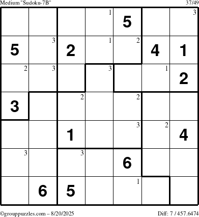 The grouppuzzles.com Medium Sudoku-7B puzzle for Wednesday August 20, 2025 with the first 3 steps marked