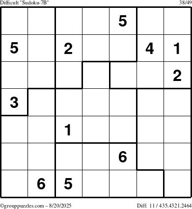The grouppuzzles.com Difficult Sudoku-7B puzzle for Wednesday August 20, 2025