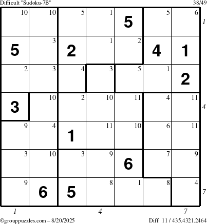 The grouppuzzles.com Difficult Sudoku-7B puzzle for Wednesday August 20, 2025 with all 11 steps marked