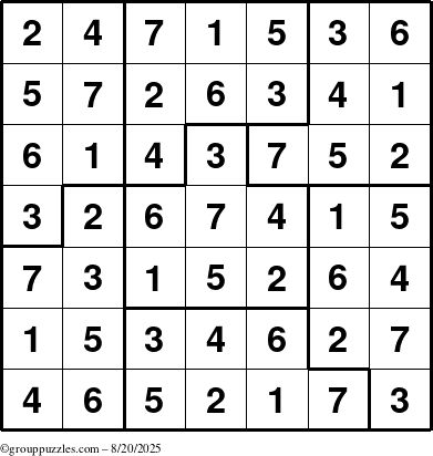 The grouppuzzles.com Answer grid for the Sudoku-7B puzzle for Wednesday August 20, 2025