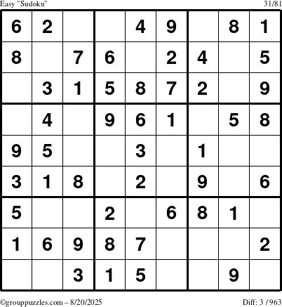 The grouppuzzles.com Easy Sudoku puzzle for Wednesday August 20, 2025