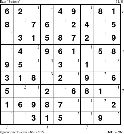 The grouppuzzles.com Easy Sudoku puzzle for Wednesday August 20, 2025 with all 3 steps marked