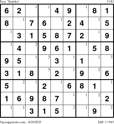 The grouppuzzles.com Easy Sudoku puzzle for Wednesday August 20, 2025 with the first 3 steps marked