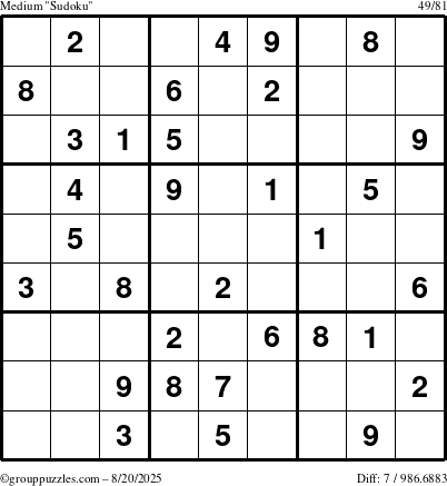 The grouppuzzles.com Medium Sudoku puzzle for Wednesday August 20, 2025