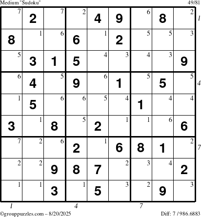 The grouppuzzles.com Medium Sudoku puzzle for Wednesday August 20, 2025 with all 7 steps marked