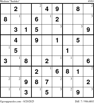 The grouppuzzles.com Medium Sudoku puzzle for Wednesday August 20, 2025 with the first 3 steps marked