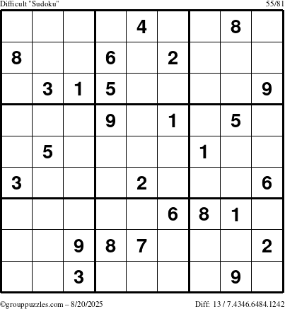 The grouppuzzles.com Difficult Sudoku puzzle for Wednesday August 20, 2025