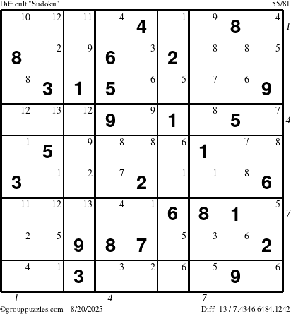 The grouppuzzles.com Difficult Sudoku puzzle for Wednesday August 20, 2025 with all 13 steps marked