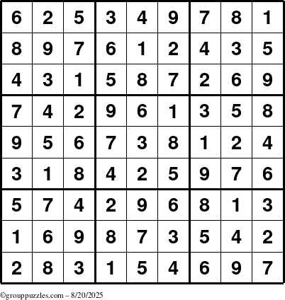 The grouppuzzles.com Answer grid for the Sudoku puzzle for Wednesday August 20, 2025