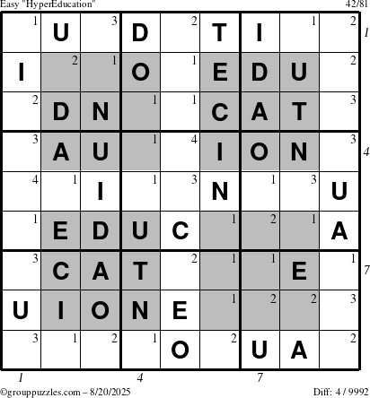 The grouppuzzles.com Easy HyperEducation-i23 puzzle for Wednesday August 20, 2025 with all 4 steps marked