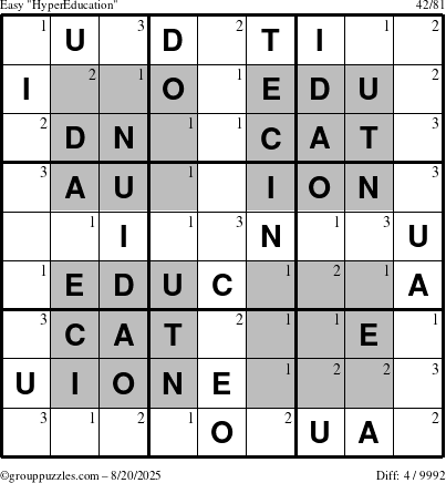 The grouppuzzles.com Easy HyperEducation-i23 puzzle for Wednesday August 20, 2025 with the first 3 steps marked