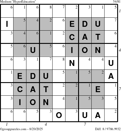 The grouppuzzles.com Medium HyperEducation-i23 puzzle for Wednesday August 20, 2025 with all 8 steps marked