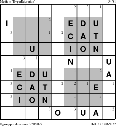 The grouppuzzles.com Medium HyperEducation-i23 puzzle for Wednesday August 20, 2025 with the first 3 steps marked