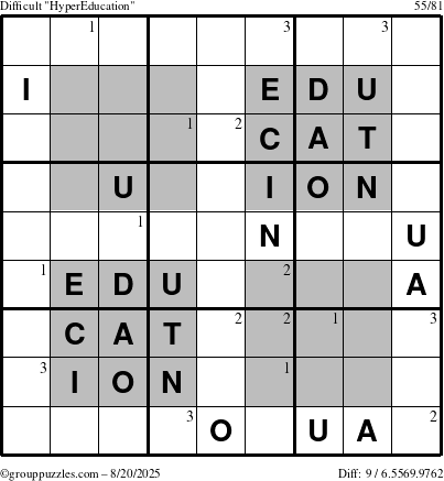 The grouppuzzles.com Difficult HyperEducation-i23 puzzle for Wednesday August 20, 2025 with the first 3 steps marked