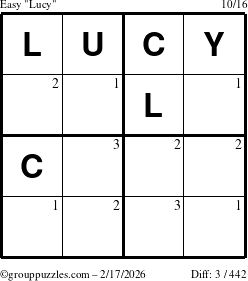 The grouppuzzles.com Easy Lucy puzzle for Tuesday February 17, 2026 with the first 3 steps marked