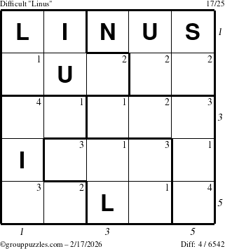 The grouppuzzles.com Difficult Linus puzzle for Tuesday February 17, 2026, suitable for printing, with all 4 steps marked