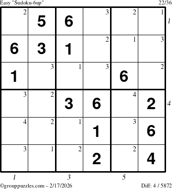 The grouppuzzles.com Easy Sudoku-6up puzzle for Tuesday February 17, 2026, suitable for printing, with all 4 steps marked