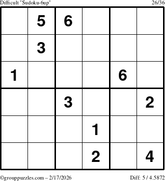 The grouppuzzles.com Difficult Sudoku-6up puzzle for Tuesday February 17, 2026