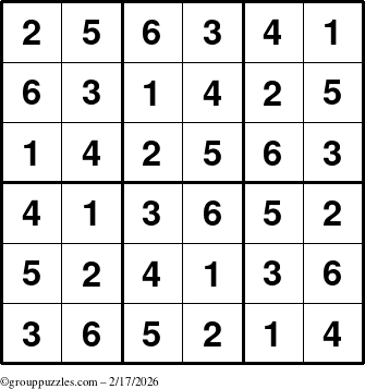 The grouppuzzles.com Answer grid for the Sudoku-6up puzzle for Tuesday February 17, 2026
