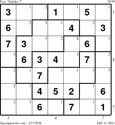 The grouppuzzles.com Easy Sudoku-7 puzzle for Tuesday February 17, 2026 with all 4 steps marked
