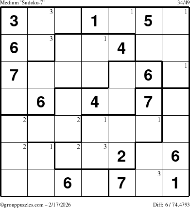 The grouppuzzles.com Medium Sudoku-7 puzzle for Tuesday February 17, 2026 with the first 3 steps marked