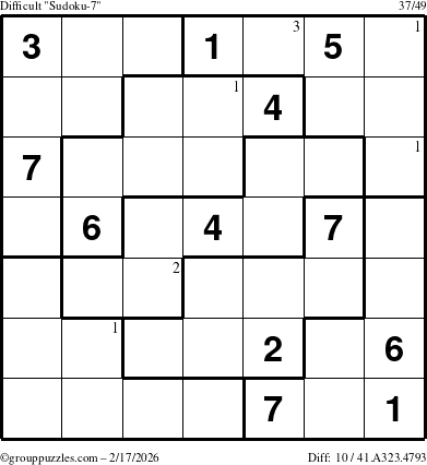 The grouppuzzles.com Difficult Sudoku-7 puzzle for Tuesday February 17, 2026 with the first 3 steps marked