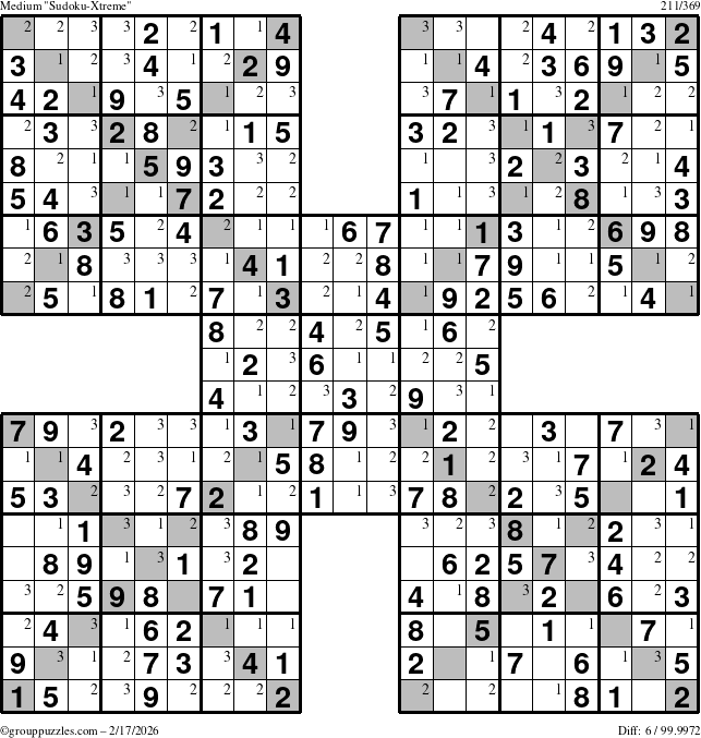 The grouppuzzles.com Medium Sudoku-Xtreme puzzle for Tuesday February 17, 2026 with the first 3 steps marked