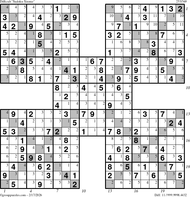 The grouppuzzles.com Difficult Sudoku-Xtreme puzzle for Tuesday February 17, 2026 with all 11 steps marked