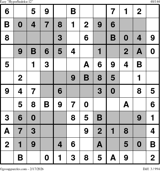 The grouppuzzles.com Easy HyperSudoku-12 puzzle for Tuesday February 17, 2026