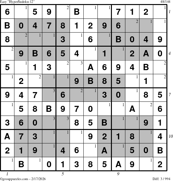 The grouppuzzles.com Easy HyperSudoku-12 puzzle for Tuesday February 17, 2026, suitable for printing, with all 3 steps marked