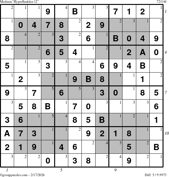 The grouppuzzles.com Medium HyperSudoku-12 puzzle for Tuesday February 17, 2026, suitable for printing, with all 5 steps marked