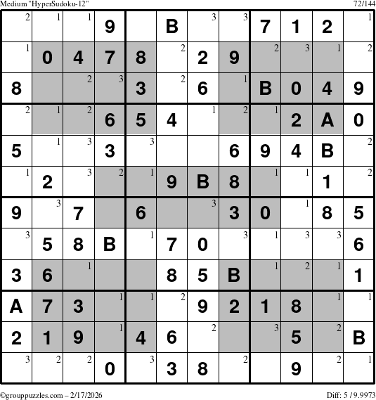 The grouppuzzles.com Medium HyperSudoku-12 puzzle for Tuesday February 17, 2026 with the first 3 steps marked