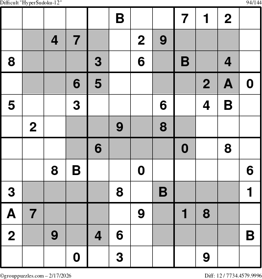 The grouppuzzles.com Difficult HyperSudoku-12 puzzle for Tuesday February 17, 2026