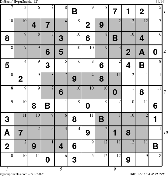 The grouppuzzles.com Difficult HyperSudoku-12 puzzle for Tuesday February 17, 2026, suitable for printing, with all 12 steps marked