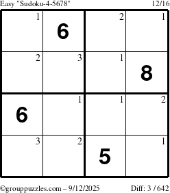 The grouppuzzles.com Easy Sudoku-4-5678 puzzle for Friday September 12, 2025 with the first 3 steps marked