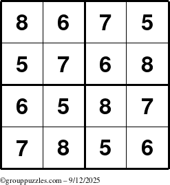 The grouppuzzles.com Answer grid for the Sudoku-4-5678 puzzle for Friday September 12, 2025