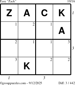 The grouppuzzles.com Easy Zack puzzle for Friday September 12, 2025 with all 3 steps marked