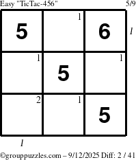 The grouppuzzles.com Easy TicTac-456 puzzle for Friday September 12, 2025 with all 2 steps marked