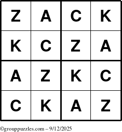 The grouppuzzles.com Answer grid for the Zack puzzle for Friday September 12, 2025