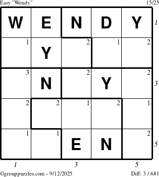 The grouppuzzles.com Easy Wendy puzzle for Friday September 12, 2025 with all 3 steps marked