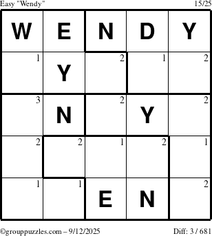 The grouppuzzles.com Easy Wendy puzzle for Friday September 12, 2025 with the first 3 steps marked