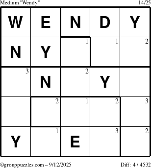 The grouppuzzles.com Medium Wendy puzzle for Friday September 12, 2025 with the first 3 steps marked