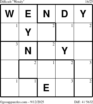 The grouppuzzles.com Difficult Wendy puzzle for Friday September 12, 2025 with the first 3 steps marked