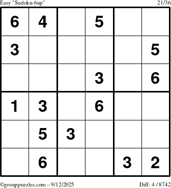 The grouppuzzles.com Easy Sudoku-6up puzzle for Friday September 12, 2025