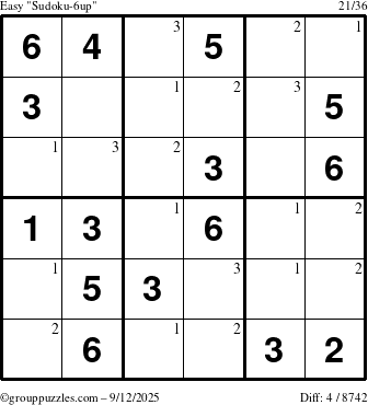The grouppuzzles.com Easy Sudoku-6up puzzle for Friday September 12, 2025 with the first 3 steps marked