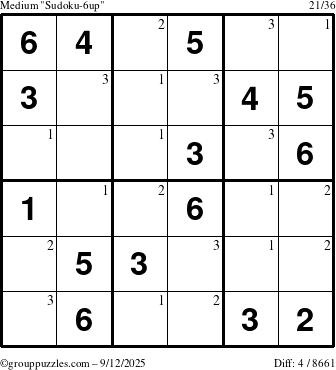 The grouppuzzles.com Medium Sudoku-6up puzzle for Friday September 12, 2025 with the first 3 steps marked