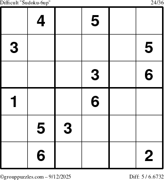 The grouppuzzles.com Difficult Sudoku-6up puzzle for Friday September 12, 2025