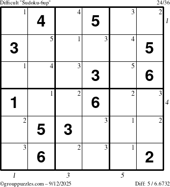 The grouppuzzles.com Difficult Sudoku-6up puzzle for Friday September 12, 2025 with all 5 steps marked