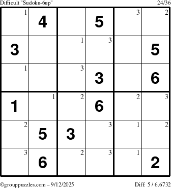 The grouppuzzles.com Difficult Sudoku-6up puzzle for Friday September 12, 2025 with the first 3 steps marked